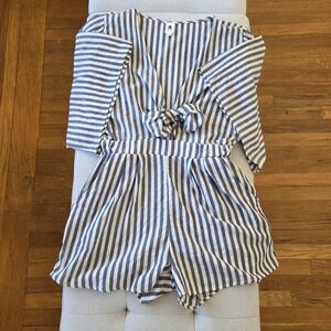Lulus Flawless Romper Blue White Stripe Sleeves Preppy New England Summer Small